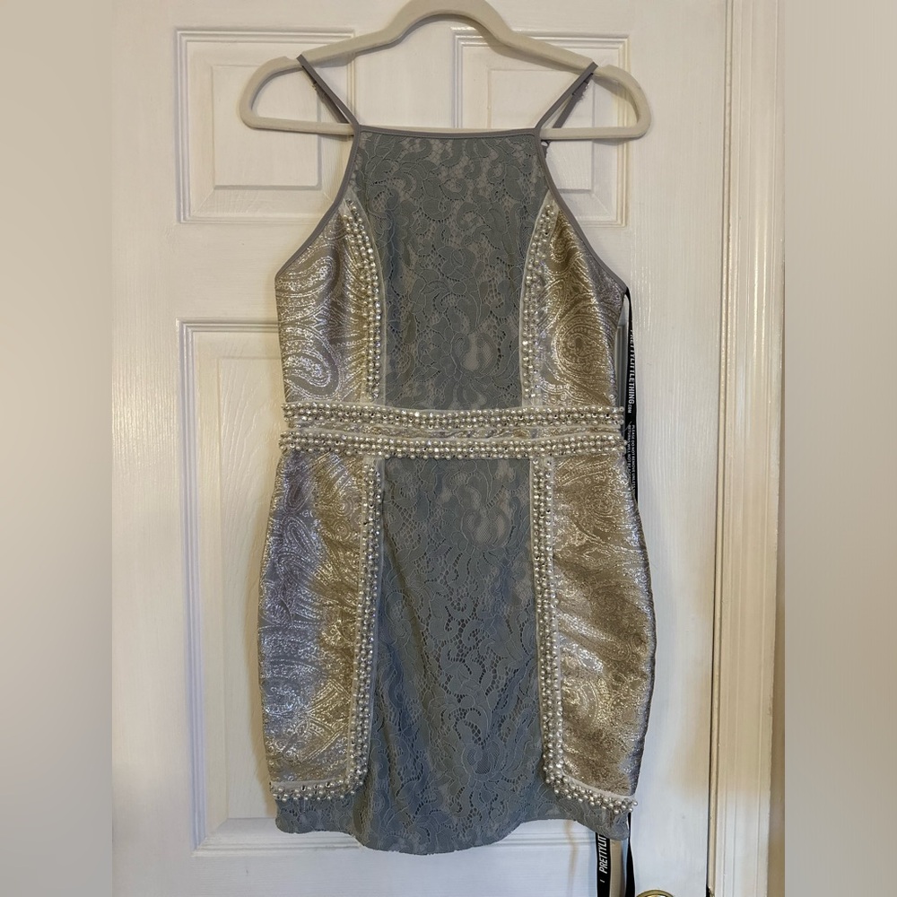 PrettyLittleThing Luci Pale Blue Premium High Neck Jacquard Lace Panel Mini *NWT - Picture 9 of 10